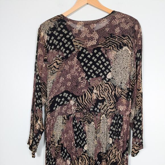 Vintage Nostalgia Maxi Dress S Brown Black Long Sleeve Button Animal Print 90s - Picture 9 of 10